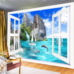 Tranh bình hoa 3d đàn cá heo trên mặt biển xanh sau cửa sổ