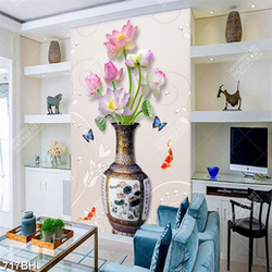 Tranh bình hoa nghệ thuật chiếc bình hoa sen bên đàn bướm