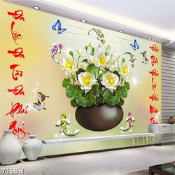 Tranh  decor bình hoa những bông sen trắng bên đàn bướm