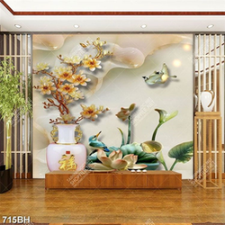Tranh bình hoa dán tường cành mộc lan bên hoa sen giả ngọc