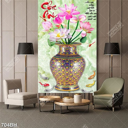Tranh bình hoa 3d những bông hoa sen hồng bên đàn cá koi