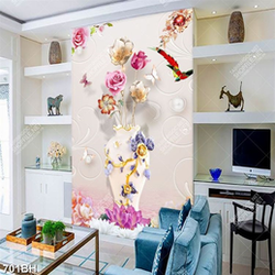 Tranh bình hoa trang trí chú chim ri bay lượm bên bông hồng