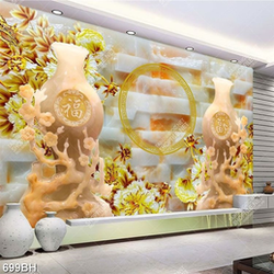 Tranh decor bình hoa giả ngọc và cành hoa mẫu đơn dáp vàng