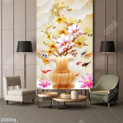 Tranh bình hoa dán tường cành hoa mộc lan bên đàn cá chép
