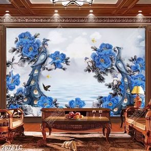 Tranh đôi công và hoa mẫu đơn xanh