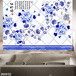 Tranh thư pháp hoa mẫu đơn xanh in dán tường