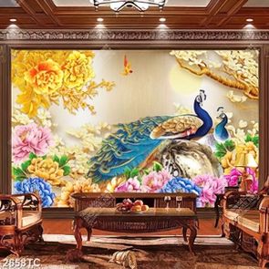 Tranh chim công và hoa mẫu đơn vàng