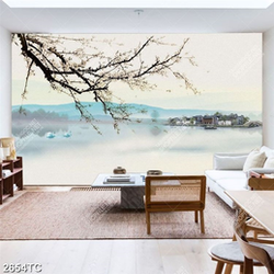 Tranh hoa đào và dòng sông thơ mộng