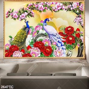 Tranh đôi chim công và hoa đào