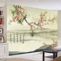 Tranh hoa đào mùa xuân trên sông