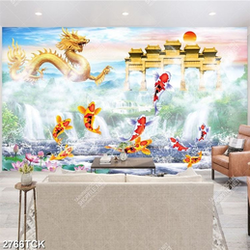 Tranh in canvas bông hoa sen hồng trong hồ cá chép hóa rồng