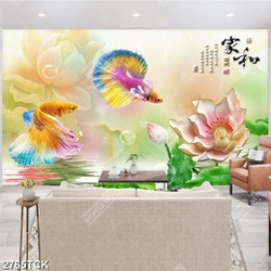 Tranh trang trí những bông hoa sen hồng bên cá sim betta Tranh trang trí những bông hoa sen hồng bên cá sim betta