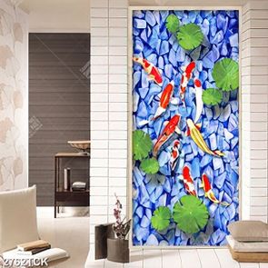 Tranh hoa sen và đàn cá koi bơi tung tăng trong hồ đá cuội