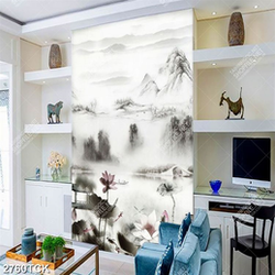 Tranh thủy mạc decor hồ hoa sen bên con đò nhỏ xinh đẹp