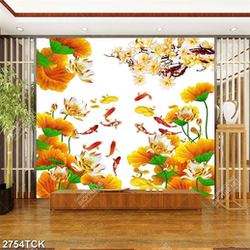 Tranh cành hoa mộc lan trắng trên hồ cá chép vàng in tường