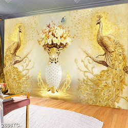 Tranh ghép chim công vàng và bình hoa