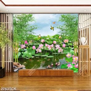 Tranh in tường đầm hoa sen hồng bên đàn chim uyên ương