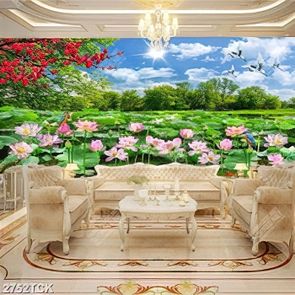 Tranh nghệ thuật cành hoa đào đỏ rực trên đầm hoa sen hồng