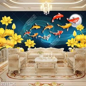 Tranh in canvas những bông hoa sen dáp vàng bên đàn cá koi Tranh in canvas những bông hoa sen dáp vàng bên đàn cá koi