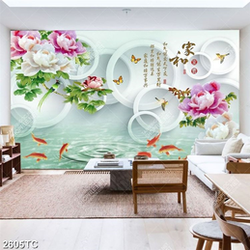 Tranh 3D hoa mẫu đơn và cá chép