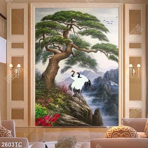 Tranh sơn dầu cây Tùng lớn và chim Hạc