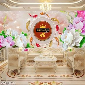 Tranh in uv cá chép bơi tung tăng bên hoa mẫu đơn giả ngọc