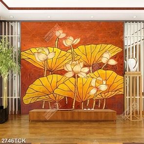 Tranh psd sơn dầu những chiếc lá sen đan xen nhau dán tường