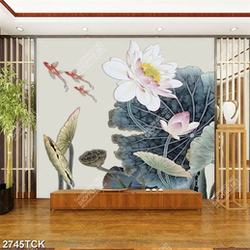 Tranh decor hoa sen và đàn cá chép vàng trong hồ nước
