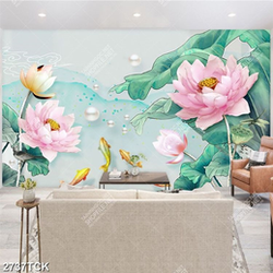 Tranh những bông hoa sen hồng bên đàn cá chép in tường Tranh những bông hoa sen hồng bên đàn cá chép in tường