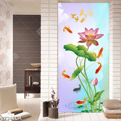 Tranh in tường đàn cá chép vàng bên bông hoa sen hồng Tranh in tường đàn cá chép vàng bên bông hoa sen hồng