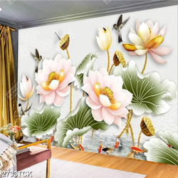 Tranh nghệ thuật hoa sen và đàn chim non bay lượn trên hồ Tranh nghệ thuật hoa sen và đàn chim non bay lượn trên hồ