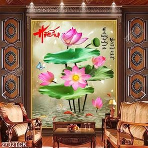 Tranh in canvas đàn cá chép và bụi sen hồng bên chữ hiếu Tranh in canvas đàn cá chép và bụi sen hồng bên chữ hiếu