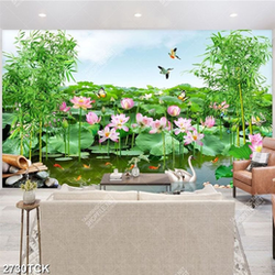 Tranh những bông hoa sen hồng khoe sắc bên đôi thiên nga