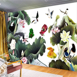 Tranh in uv đàn đàn chim non bay lượn trên hồ xen hồng