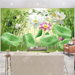 Tranh bông hoa sen  hồng bên những hàng tre xanh xinh đẹp Tranh bông hoa sen  hồng bên những hàng tre xanh xinh đẹp