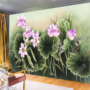 Tranh in tường đầm hoa sen mang sắc tím bên đôi chim non Tranh in tường đầm hoa sen mang sắc tím bên đôi chim non