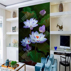 Tranh hồ hoa sen và khoe sắc tím trong đêm tối in tường Tranh hồ hoa sen và khoe sắc tím trong đêm tối in tường