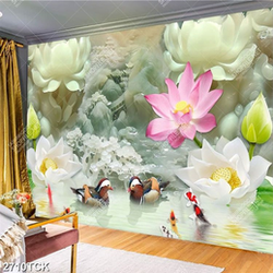 Tranh bông hoa sen trắng giả ngọc bên đôi chim vịt trời Tranh bông hoa sen trắng giả ngọc bên đôi chim vịt trời