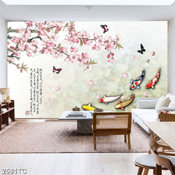 Tranh hoa đào và các chép Koi