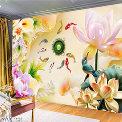 Tranh đàn cá chép bơi tung tăng bên bông sen hồng giả ngọc Tranh đàn cá chép bơi tung tăng bên bông sen hồng giả ngọc