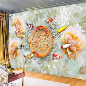 Tranh giả ngọc hoa mẫu đơn trắng và đàn cá chép tung tăng Tranh giả ngọc hoa mẫu đơn trắng và đàn cá chép tung tăng