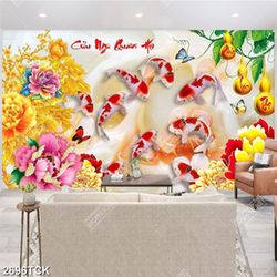 Tranh decor những bông hoa mẫu đơn bên đàn cá koi trắng Tranh decor những bông hoa mẫu đơn bên đàn cá koi trắng