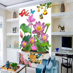 Tranh  in tường chậu hoa sen hồng xinh đẹp bên dàn bầu Tranh  in tường chậu hoa sen hồng xinh đẹp bên dàn bầu