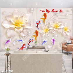 Tranh hoa sen cá chép ghép xinh đẹp bên viên ngọc trai in uv Tranh hoa sen cá chép ghép xinh đẹp bên viên ngọc trai in uv