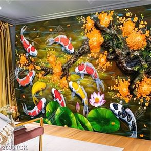 Tranh sơn dầu đàn cá koi xinh đẹp dưới cành hoa mai vàng Tranh sơn dầu đàn cá koi xinh đẹp dưới cành hoa mai vàng