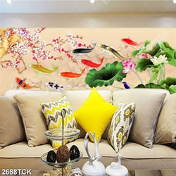 Tranh nghệ thuật hoa sen hồng và cá chép dưới cành hoa đào Tranh nghệ thuật hoa sen hồng và cá chép dưới cành hoa đào