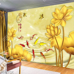 Tranh in canvas những bông hoa sen vàng bên đàn cá chép Tranh in canvas những bông hoa sen vàng bên đàn cá chép