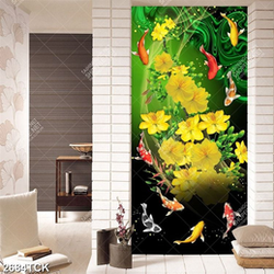 Tranh in uv đàn cá chép bơi tung tăng bên cành mai vàng Tranh in uv đàn cá chép bơi tung tăng bên cành mai vàng