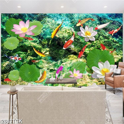 Tranh hồ hoa sen hồng và đàn cá chép vàng bơi tung tăng psd Tranh hồ hoa sen hồng và đàn cá chép vàng bơi tung tăng psd