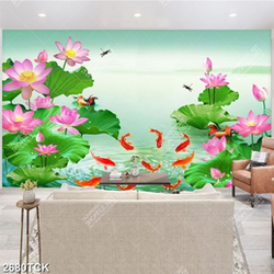 Tranh đầm hoa sen bên những chú cá chép vàng tung tăng psd